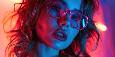 Fototapeta premium A woman with long hair and glasses is wearing glitter and has her mouth open. The image has a vibrant and colorful mood, with the woman's hair and glasses adding to the overall aesthetic