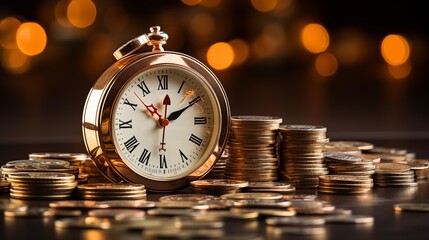 gold clock with gold coins. Time is money concept