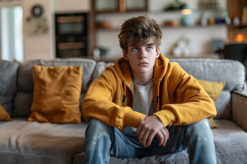 Fototapeta premium Sad teenager in a yellow hoodie sitting on a couch, looking away