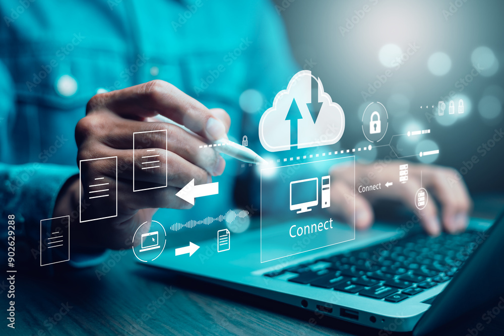 Aufkleber business people using laptop with cloud computing system , storage and data transfer cloud network, 