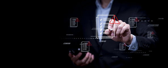 Online survey filling out and digital form checklist by laptop computer, Document Management...