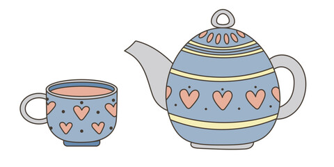 Vintage teapot and tea cup. Kitchenware set. Flat style, children's illustration on white background.