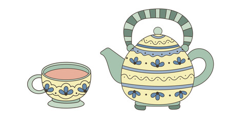 Traditional teapot and tea cup. Kitchenware set. Flat style, children's illustration on white background.