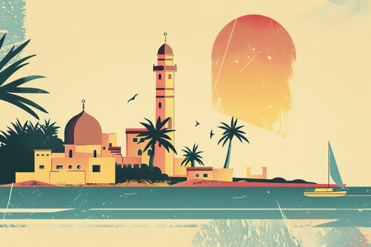 Risograph artsy riso print travel poster, card, wallpaper or banner illustration, modern, isolated, clear, simple of Al Bayda, Libya. Artistic, screen printing, stencil