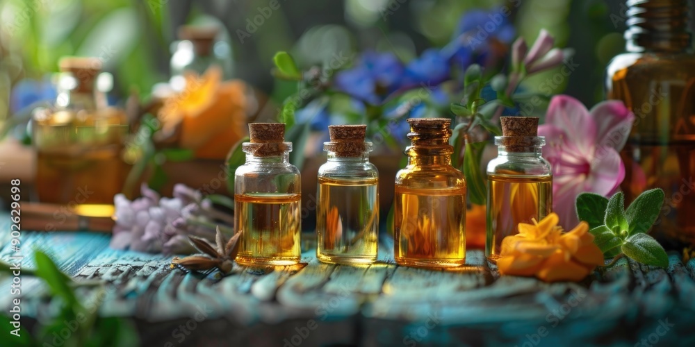 Poster a table with four bottles of essential oils and a bunch of flowers. the flowers are in various color