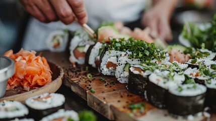 The chef adds the final touches of garnish to colorful sushi rolls, meticulously arranging each piece to enhance visual appeal and flavor, ready for serving.