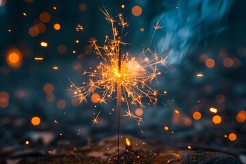Obraz premium Bright Sparkler Glows Amidst Dark Background Creating Festive Atmosphere at Evening Gathering
