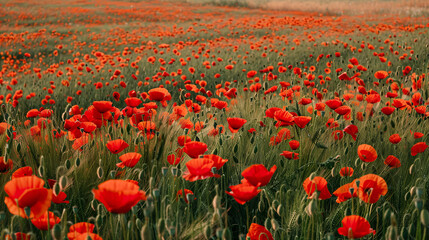 Obraz premium red corn poppy flowers in early summer, Red poppy flowers field, close up early in the morning, Beautiful red poppy flowers in the field at sunset Soft focus