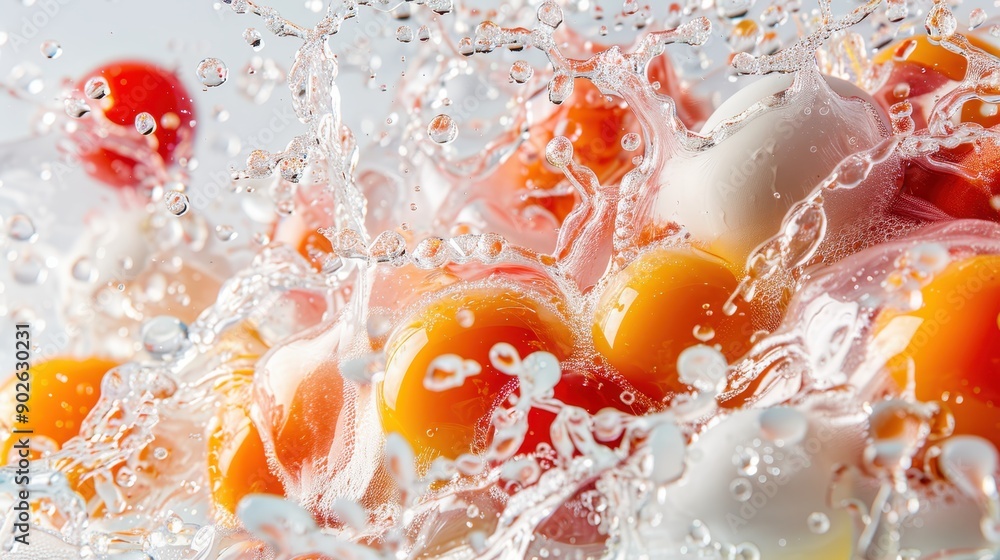 Poster dynamic action shot capturing eggs and clear liquid splashing together, emphasizing freshness and li