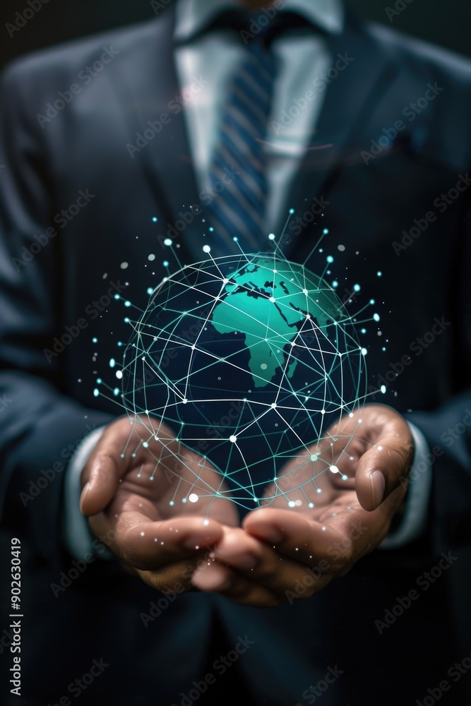 Poster a man is holding a globe in his hands. the globe is surrounded by a web of lines, which gives the im
