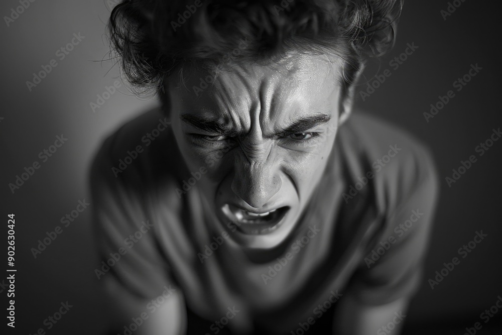 Poster a man with a scruffy beard and a red face is looking at the camera. he is angry or upset