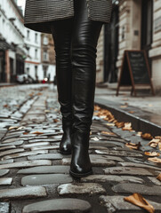 Woman in leather pants walks on a cobblestone street.