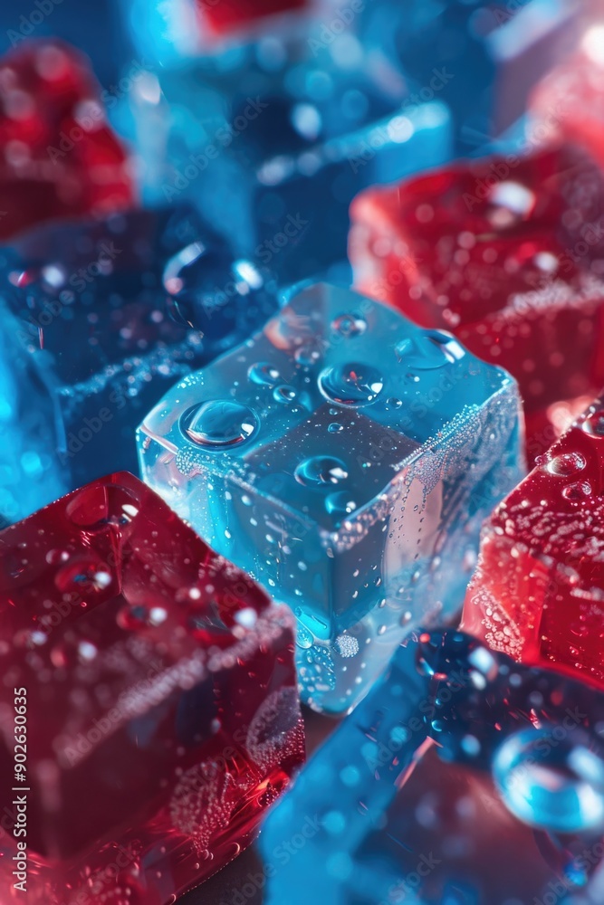 Poster a close up of a blue and red cube with water droplets on it. concept of playfulness and whimsy, as t