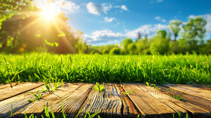 A natural spring garden background featuring fresh green grass and a bright blue sunny sky, with a wooden table perfect for placing cut-out products.