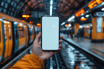 Phone with white screen near metro station. Smartphone template in human hand. Subway train on rails. Phone for advertising sale of tickets in metro
