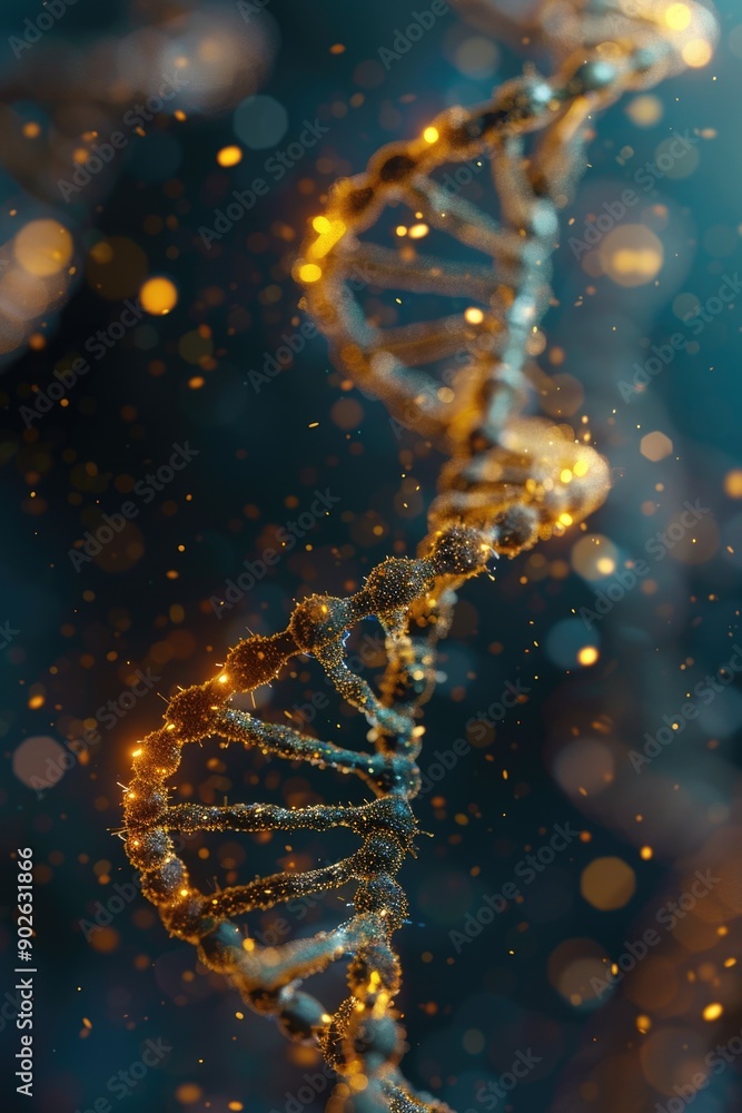Aufkleber a close up of a dna strand with a lot of sparkles and a blurry background. concept of mystery and wo