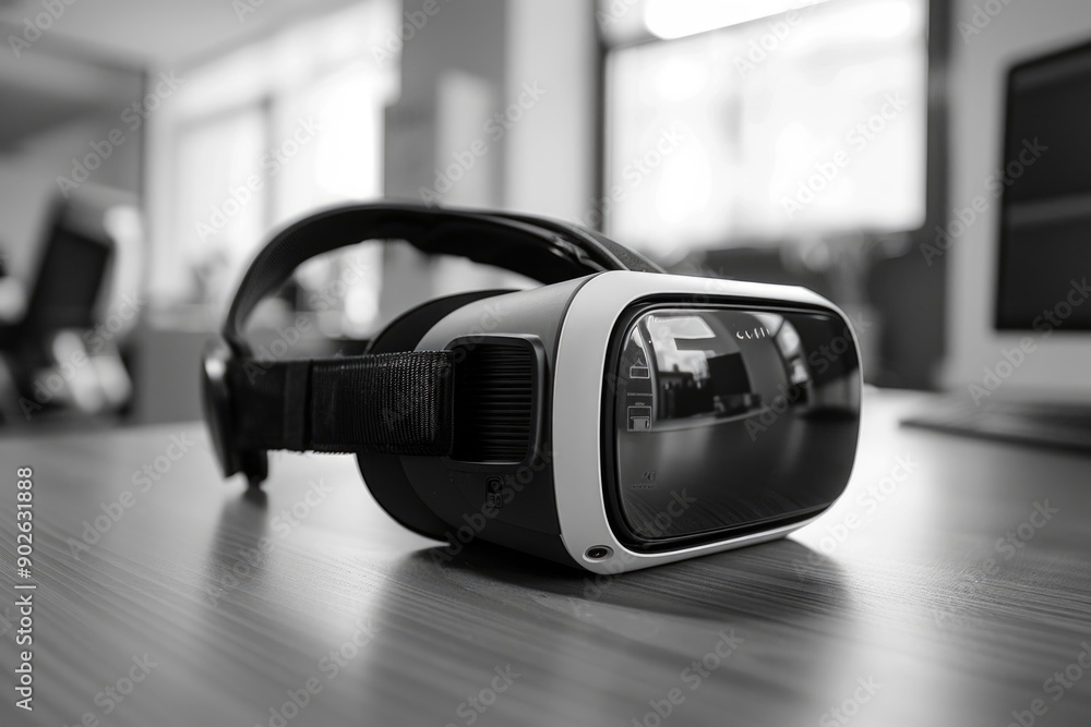 Poster a black and white image of a virtual reality headset on a table. the headset is the only thing in th