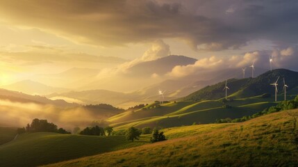 Obraz premium A beautiful landscape with a large number of wind turbines