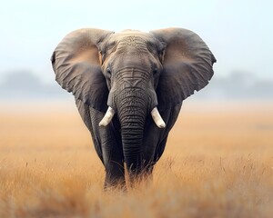 Fototapeta premium Majestic Elephant with Raised Trunk in Serene Savannah Landscape