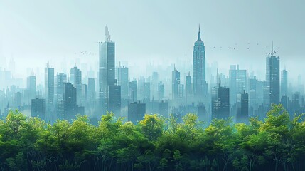 Fototapeta premium vector, illustraiton, Urban skyline from a rooftop garden illustration