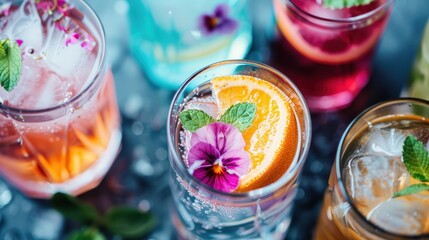 An assortment of multi-colored cocktails garnished with flowers, slices of orange, and mint leaves, arranged in a festive and appealing manner, ready for serving.