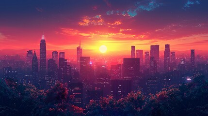 Obraz premium vector, illustraiton, Urban skyline from a rooftop garden illustration