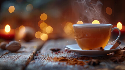 A steaming cup of coffee on a rustic wooden table with candles.