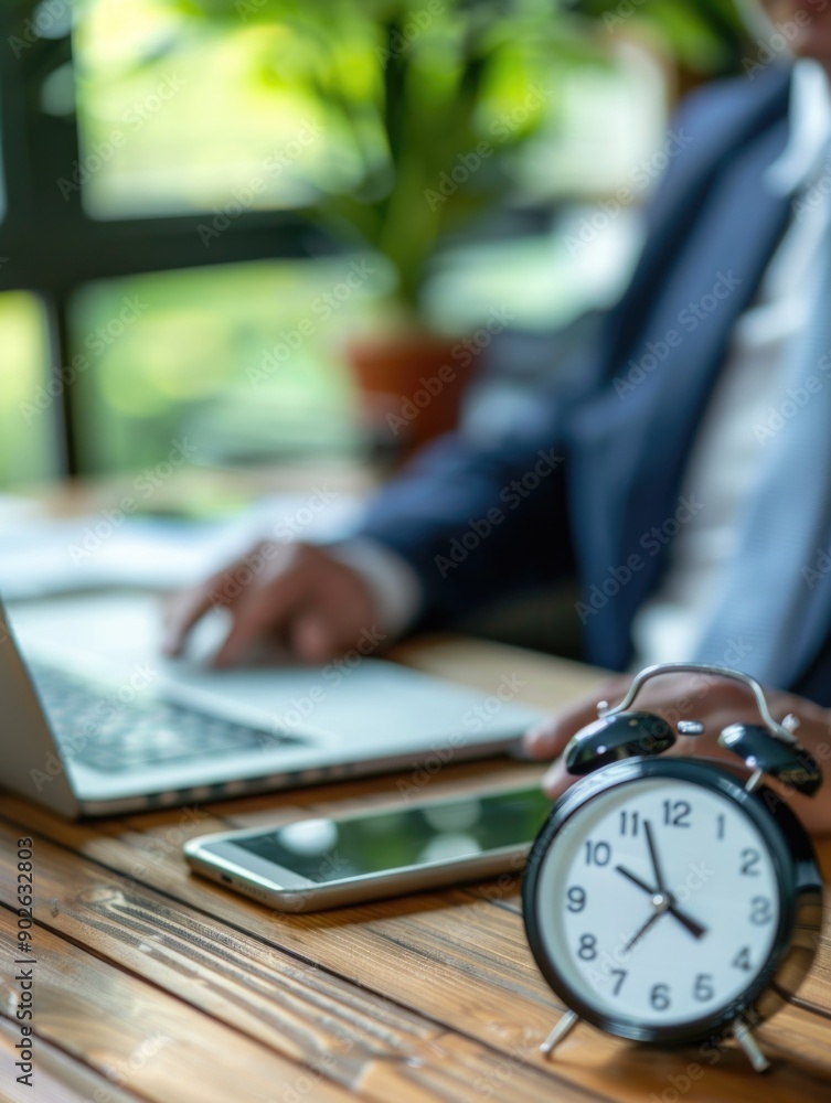 Poster a man is sitting at a desk with a laptop and a black alarm clock. the clock is set to the time of 9: