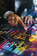 A man is pointing at a screen with a lot of numbers and graphs. Concept of importance and focus, as the man is actively engaging with the data displayed on the screen