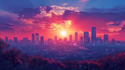 Fototapeta premium vector, illustraiton, Urban skyline from a rooftop garden illustration