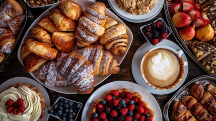 A delicious spread of assorted pastries, fresh fruits, and a hot cup of coffee on a rustic wooden table, perfect for a delectable breakfast or brunch setting.