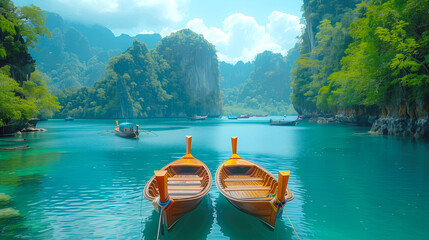 Seascape of Thailand. Two wooden boats near sea cliffs. Traveling around republic of Thailand. Nature of southeast Asia