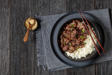Bulgogi, Korean BBQ Beef with rice, top view