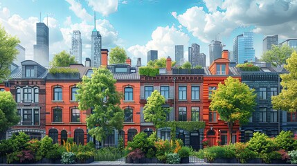 Obraz premium vector, illustraiton, Urban skyline from a rooftop garden illustration