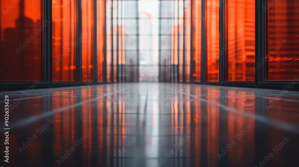 Poster abstract corridor featuring symmetrical design with striking red glass walls, creating an intense an