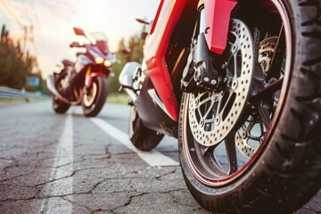 Fototapeta premium Two motorcycles parked on the roadside as the sun sets, highlighting their sleek designs and the asphalt's texture.