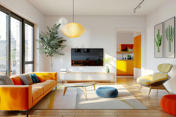 Mid century, scandinavian interior design of modern living room with colorful multicolored...