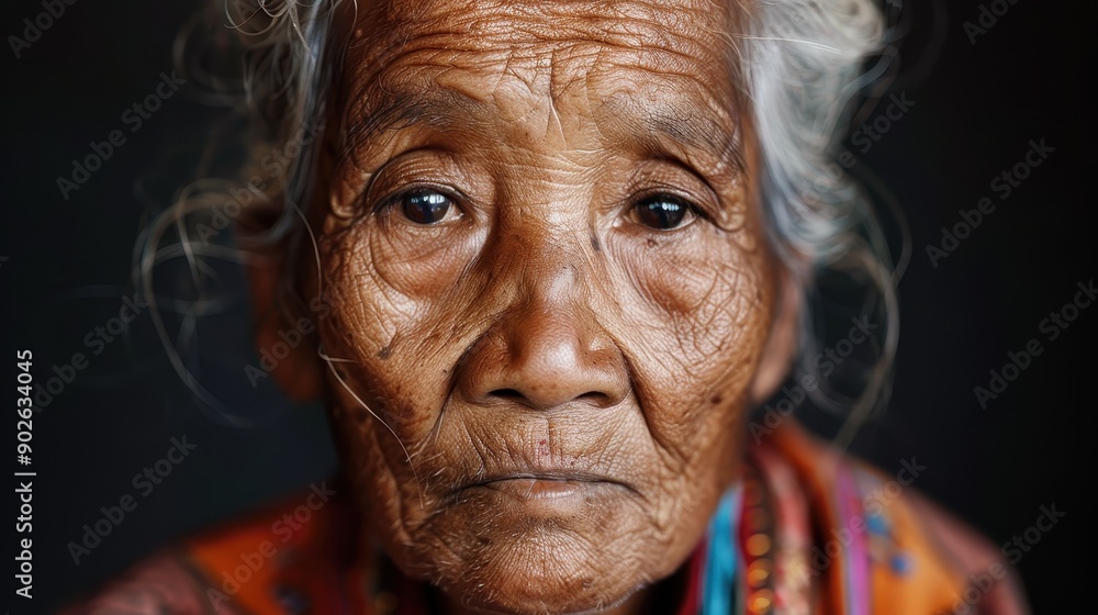 Poster the image features a close-up view of an individual with grey hair, adorned in vibrant and intricate