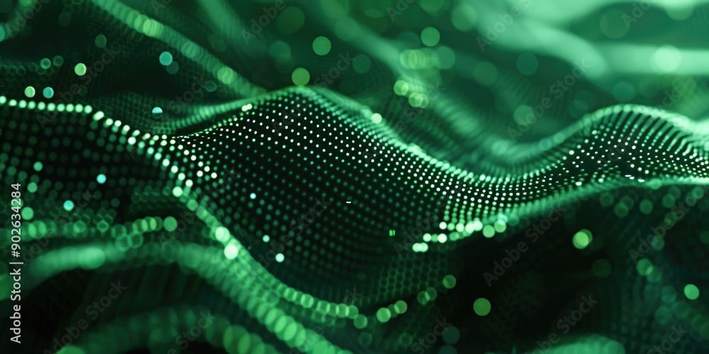 Poster a green wave with many dots on it. the dots are small and scattered. the wave is very long and has a