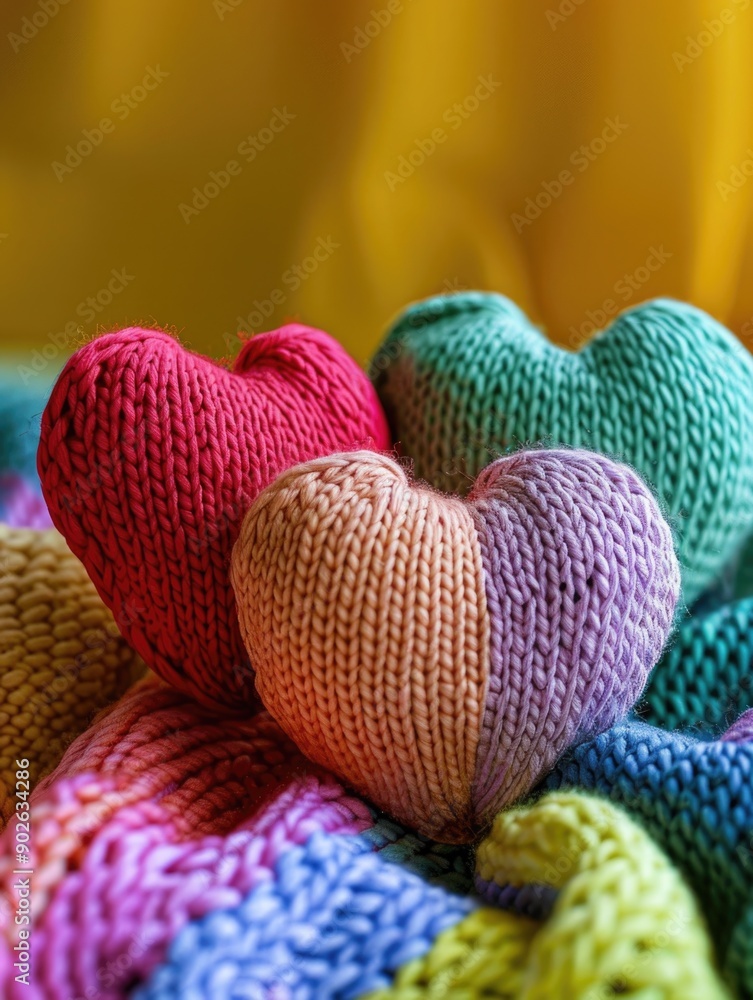 Poster Three knit hearts of different colors are placed on top of a colorful blanket. The hearts are arranged in a way that they are all facing the same direction, creating a sense of unity and harmony