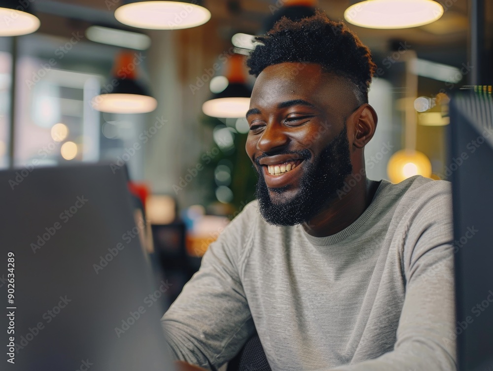 Poster a man with a beard is smiling while using a laptop. he is in a room with several potted plants and a