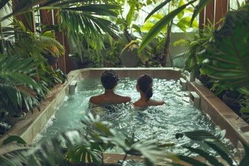 A couple enjoying a relaxing hydrotherapy bath surrounded by lush plants and an interior garden