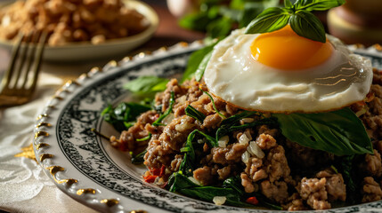 A close-up of a beautifully plated Phat Kaphrao dish, with tender minced meat, fragrant basil, and a perfectly fried egg on top, set against an elegant Thai-inspired table setting.