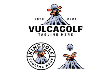 volcanic mountain spewing lava and golf ball badge logo design for golfer and tournament.  golf club professional with volcano, lava and ball sign symbol modern logo.