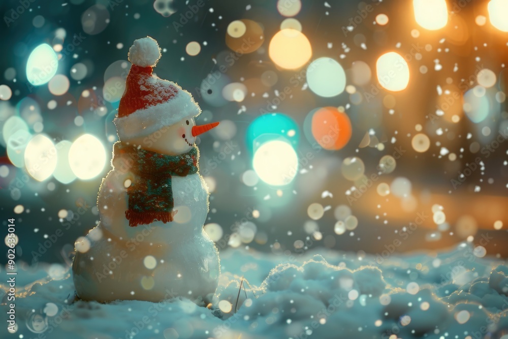 Poster a snowman with a red hat and scarf stands in the snow. the snow is falling around him, creating a pe