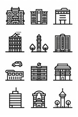Obraz premium A set of buildings and a car are shown in a black and white drawing. The buildings are of various sizes and shapes, with some being tall and others being short