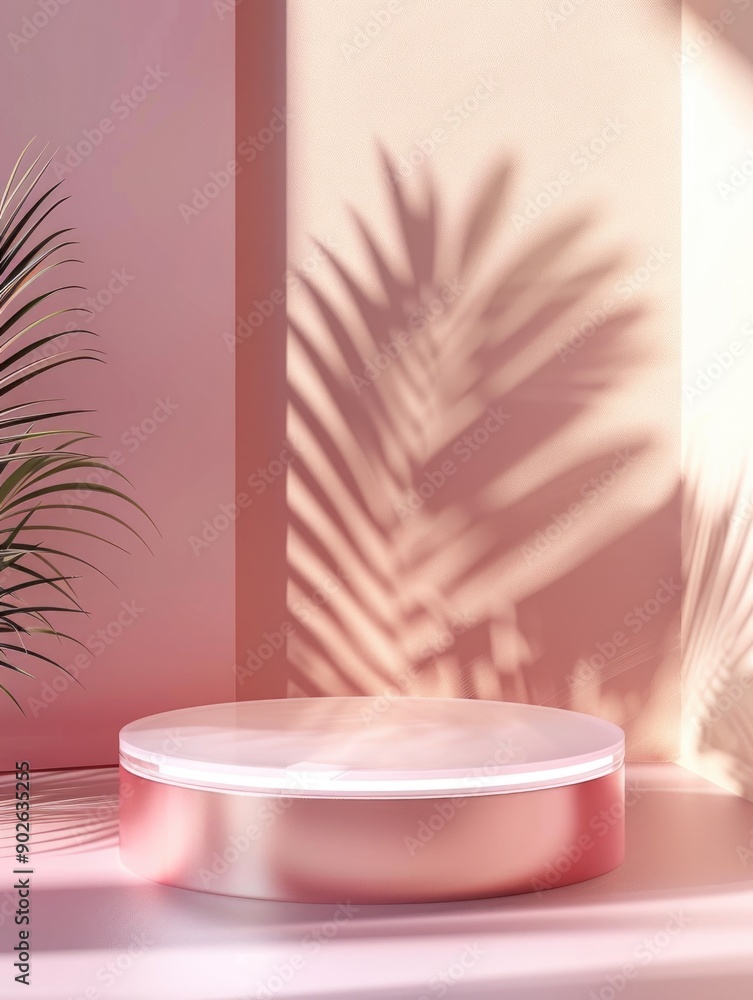 Aufkleber a round pink object with a leaf on top of it. the object is placed in front of a pink wall