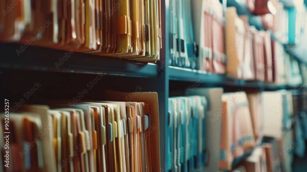 Poster a row of file folders with different colored tabs. the folders are organized in a library. scene is 