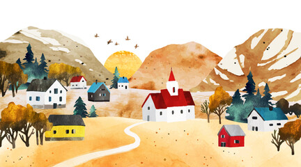 Autumn watercolor vector landscape with village. Horizontal bright Illustration with hills, trees, cozy houses, church, sunrise and space for text
