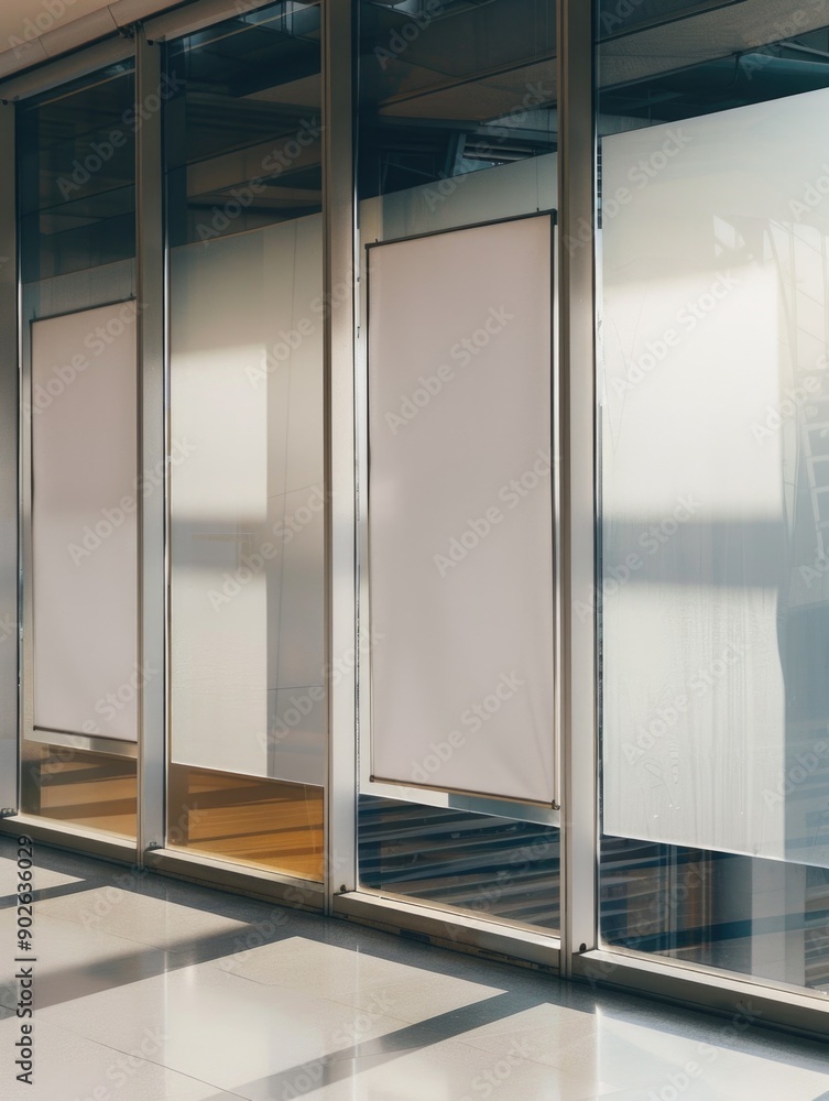 Poster a window with three white signs on it. scene is bright and clean. the idea of the image is to showca